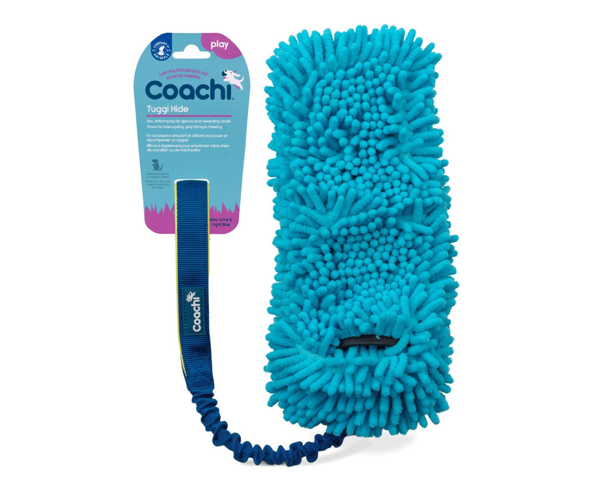 Coachi Tuggi Hide Training Toy in Navy, Lime and Light Blue